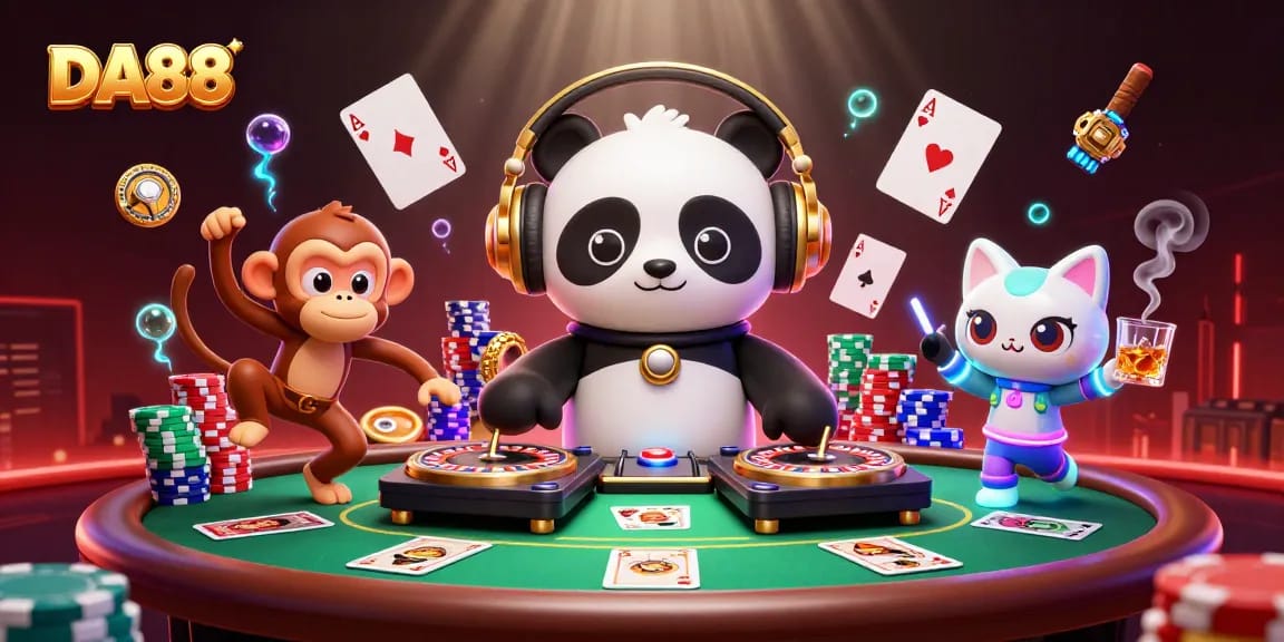 Experience the vibrant gaming scene at DA88 with a DJ panda, breakdancing monkey, and rave kitten spinning excitement.