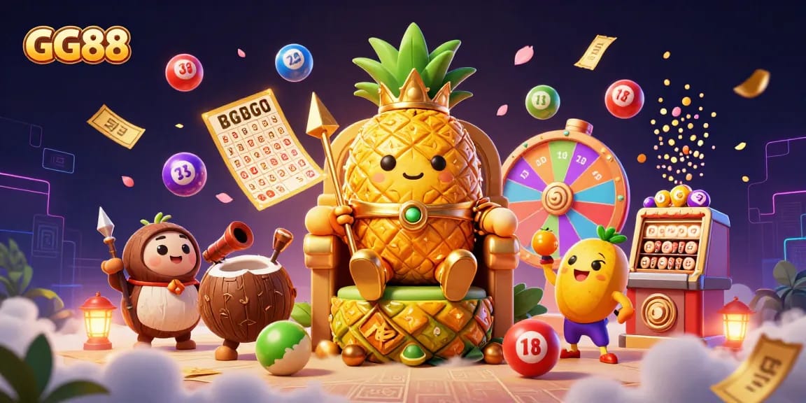 Win big with GG88 in this vibrant casino-themed 3D illustration featuring animated characters and game elements.