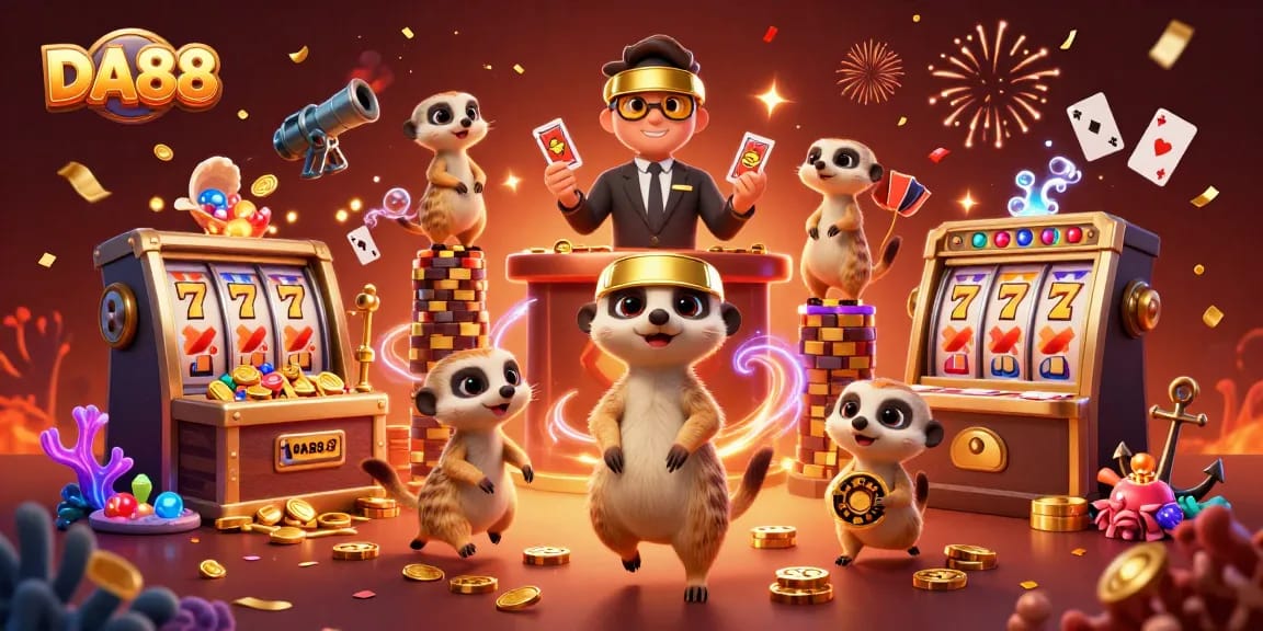 Experience DA88's lively casino scene with meerkats, vibrant slot reels, and gold coins.