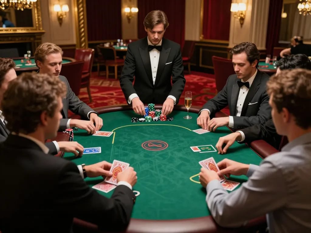 Tic88 players strategizing at a high-stakes poker table in a luxurious casino