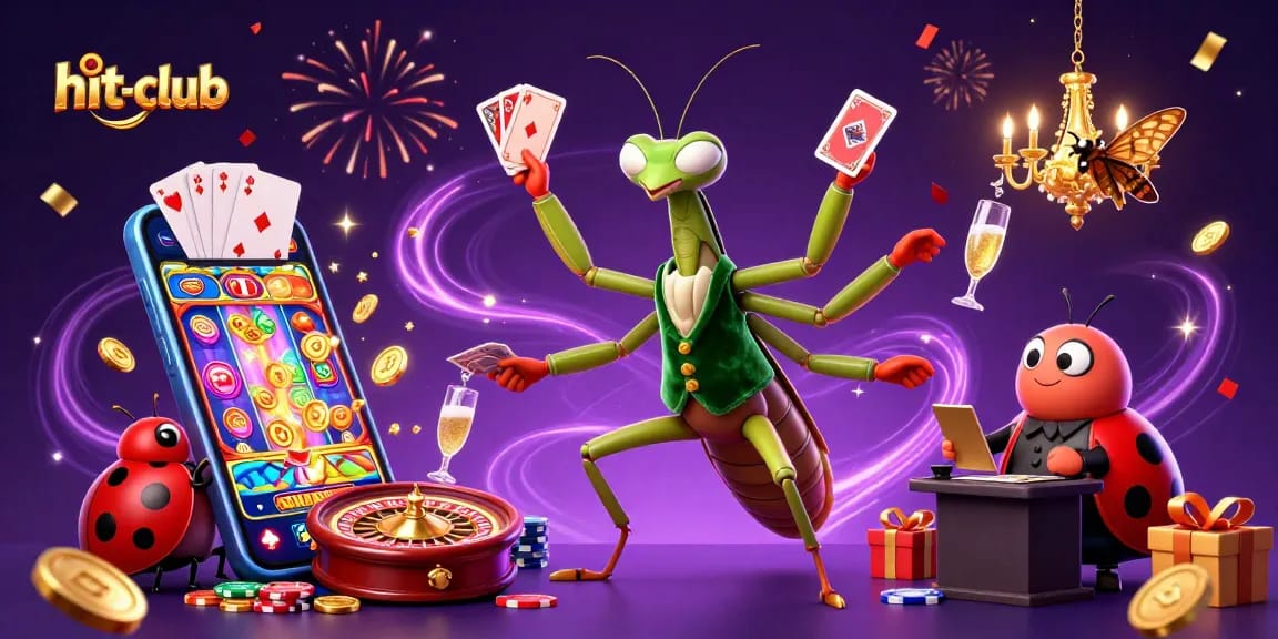 Experience the thrill of winning at hit-club with energetic casino elements and characters celebrating.