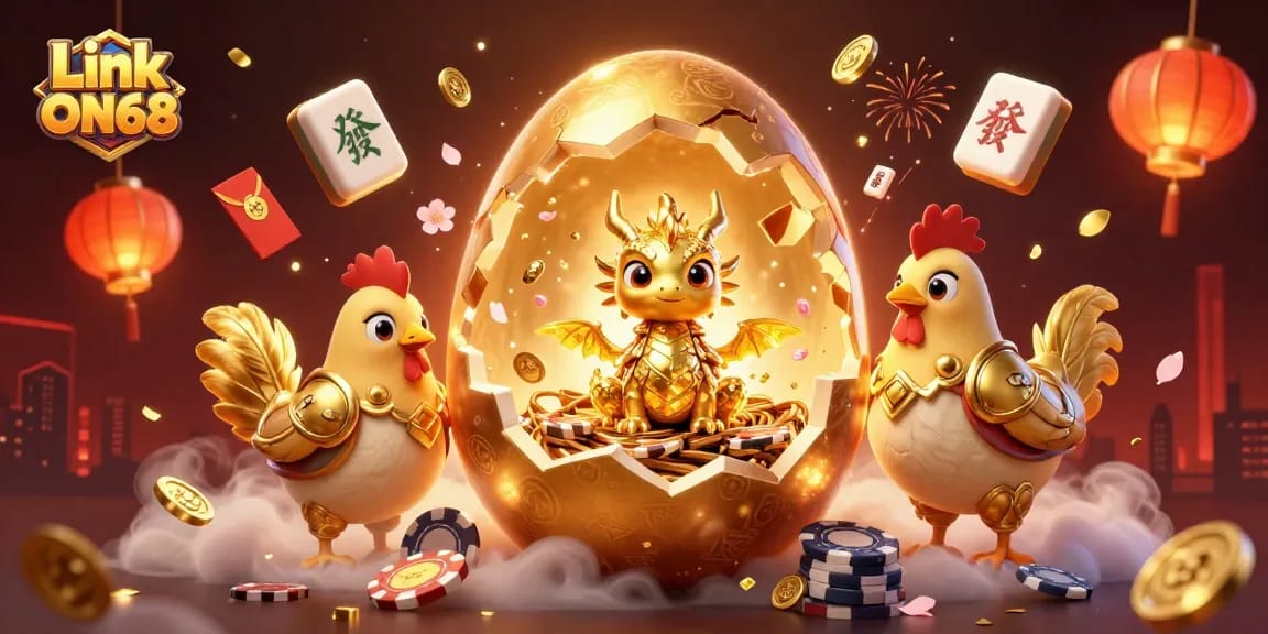 Experience the thrill of gaming with Link ON68, featuring a golden dragon and poker chips in stunning 3D.