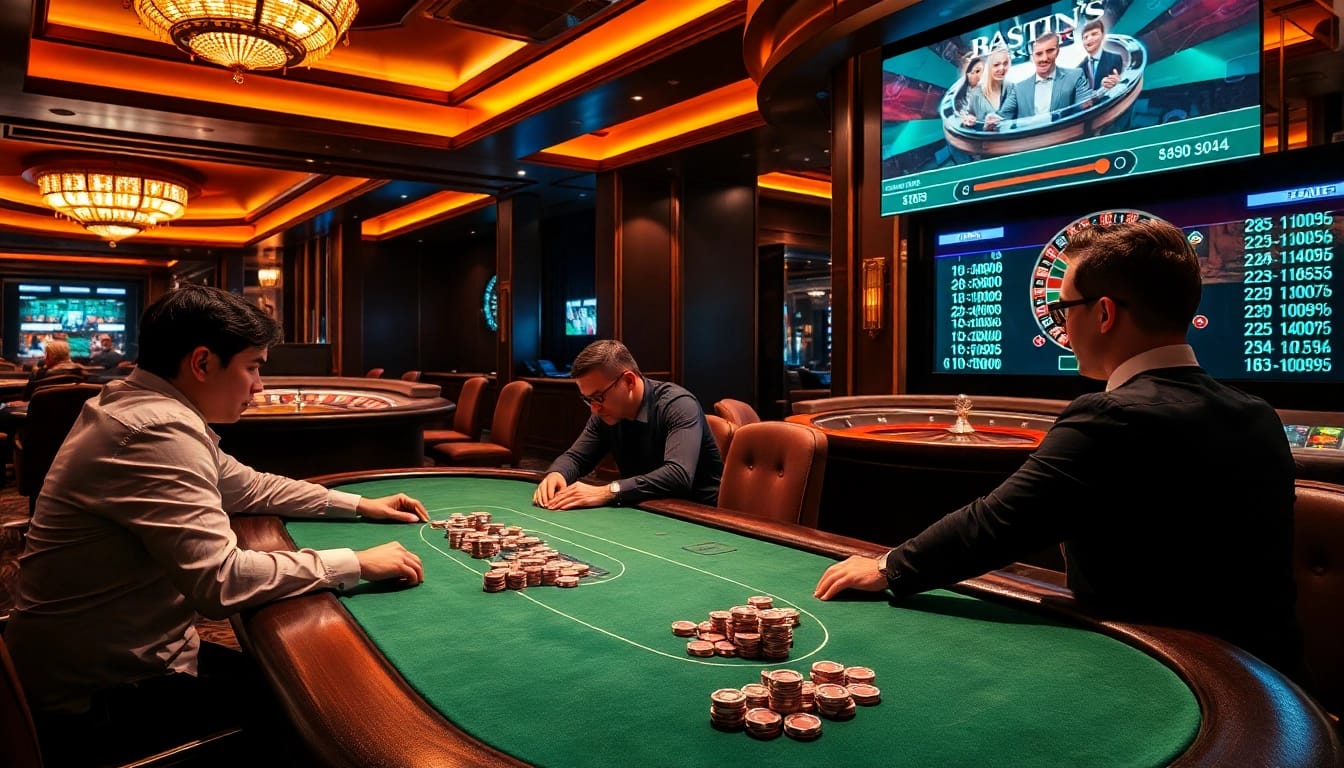 Man club players enjoying high-stakes poker at a luxurious casino table.