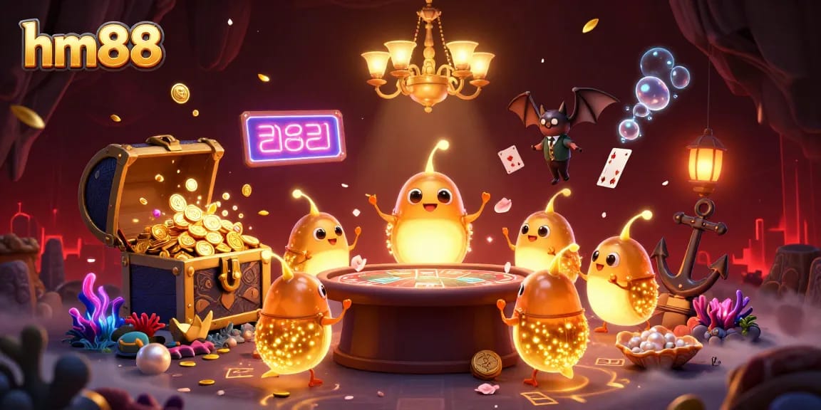 Experience the excitement of hm88 with glowing glowworms and a bat dealer in a vibrant casino setting.