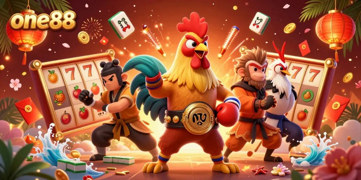 one88 showcases thrilling slot reels in a vibrant 3D illustration featuring lucky symbols and characters.