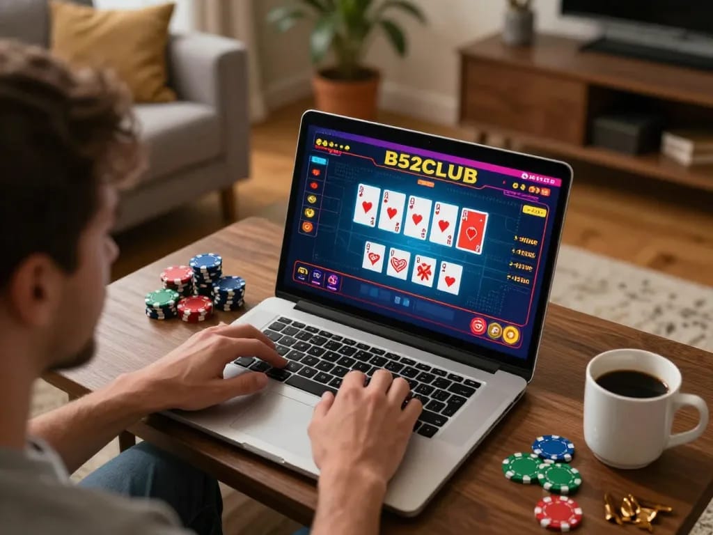 B52CLUB online gaming session with vibrant poker cards and chips on laptop in a cozy setting