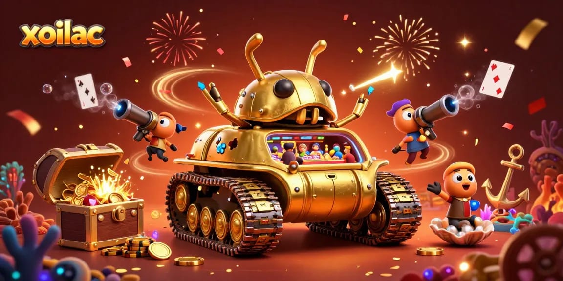 Engage in the excitement of xoilac with a 3D casino beetle tank and colorful gems exploding