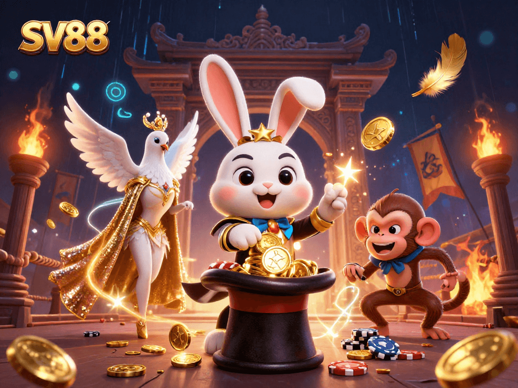 Experience thrilling SV88 moments as a magician rabbit magically reveals coins, with lively casino ambiance.