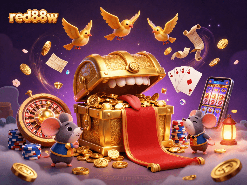 Engage with red88w’s vivid treasure-laden casino platform, showcasing dynamic gaming elements.