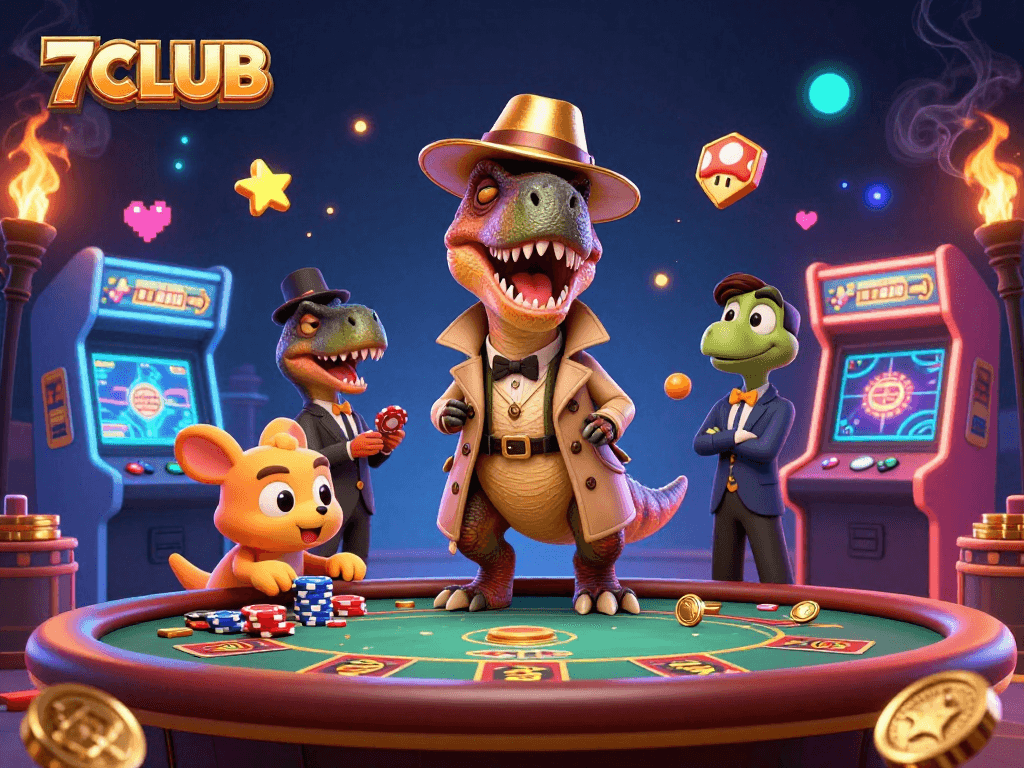 7CLUB's thrilling blackjack table scene, featuring a velociraptor card counter and immersive 3D game elements