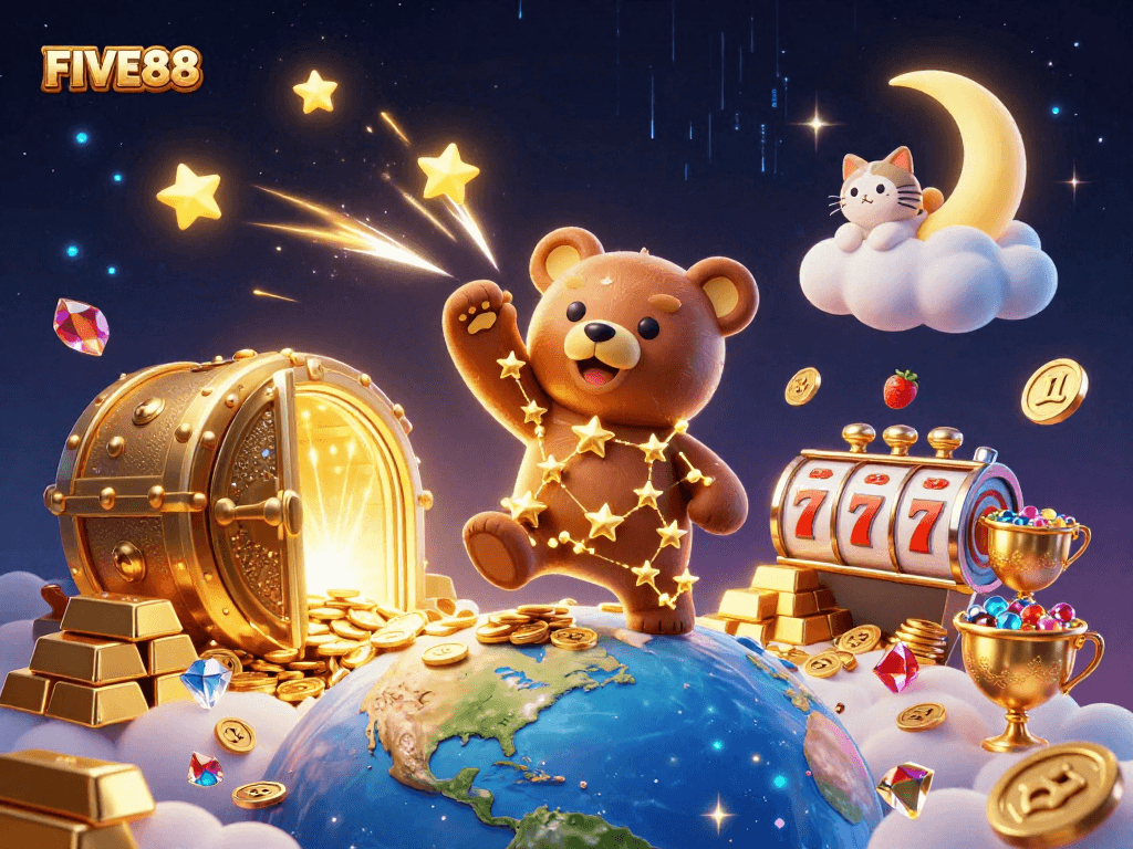 Experience the thrill of FIVE88 with a vibrant 3D casino scene featuring charming characters and dynamic slot elements.