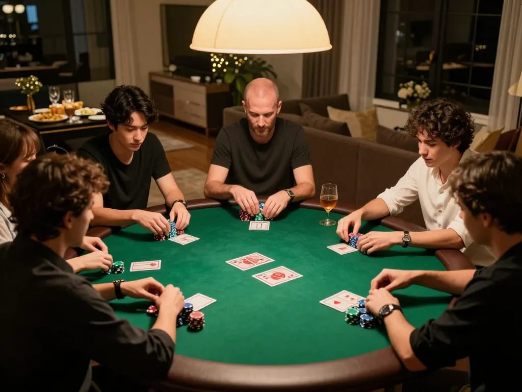 Players enjoying poker night at home using Fun88 com, surrounded by chips and community cards.