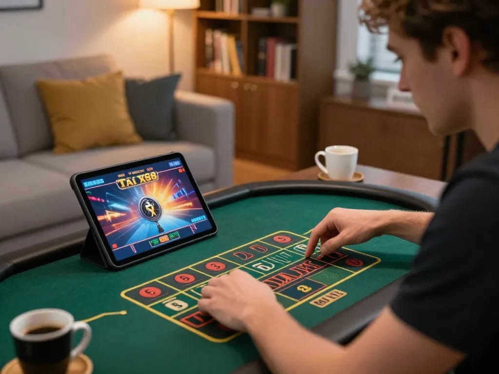 Player enjoying Tài Xỉu game on tablet at home, showcasing TG88 gaming excitement.