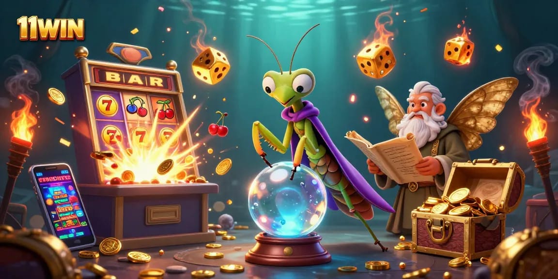 Experience the thrill with 11WIN as a fortune teller guides you through a vibrant casino scene.