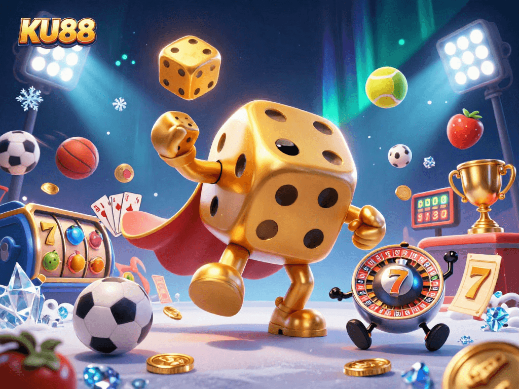 Experience exciting wins with KU88 as golden dice and game elements thrive in vibrant 3D illustration.