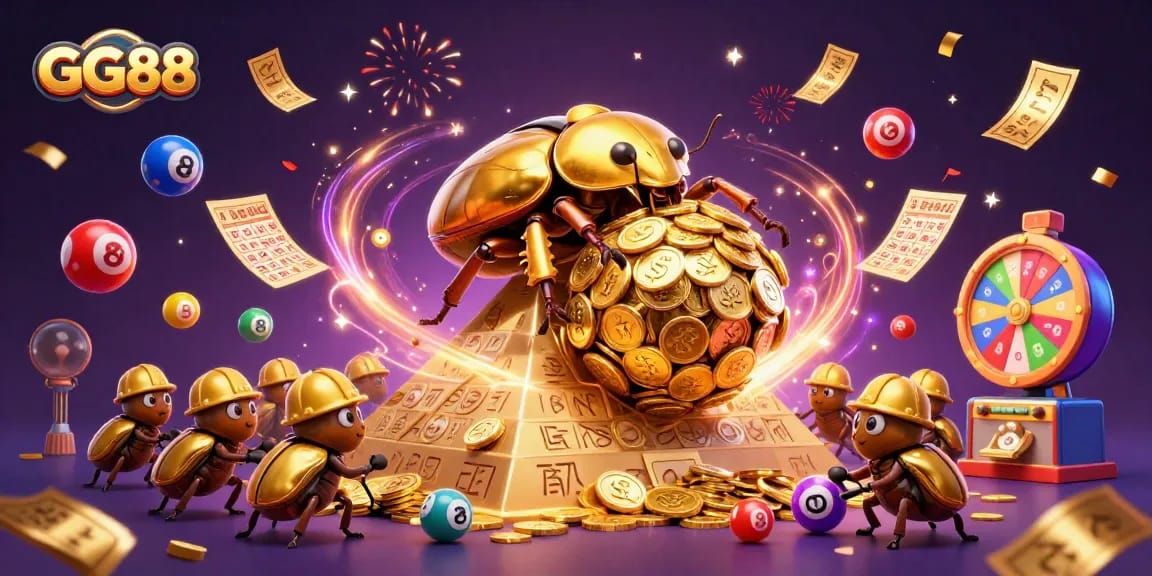 Spin and win with GG88 at this vibrant online casino illustration of a beetle rolling golden coins.