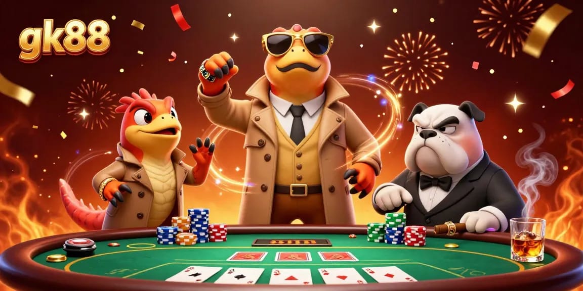 Experience thrilling casino action with gk88 as cartoon raptors sneak into a VIP room amidst poker excitement.