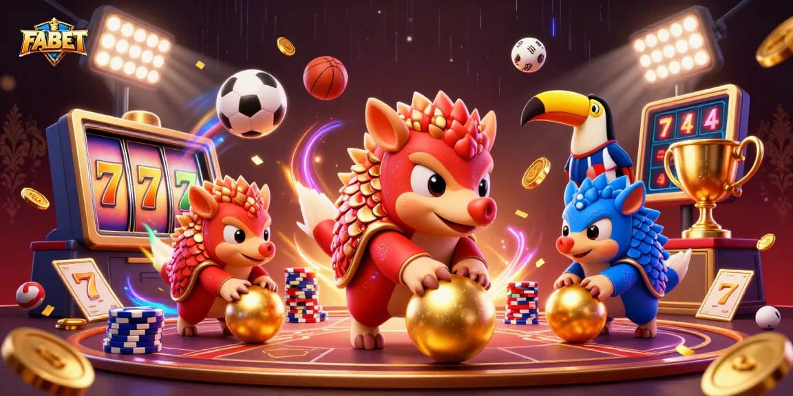 FABET pangolins compete in a dazzling casino scene filled with excitement and rewards.