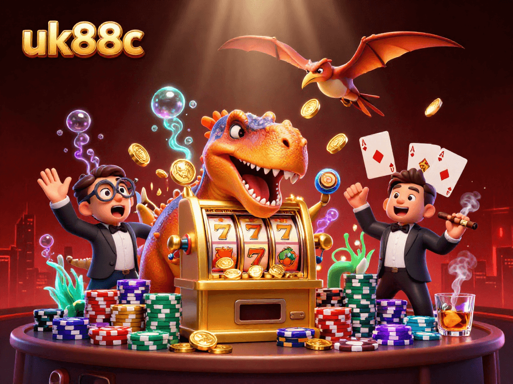 uk88c jackpot event with cartoon dinosaurs celebrating winnings at a colorful casino scene