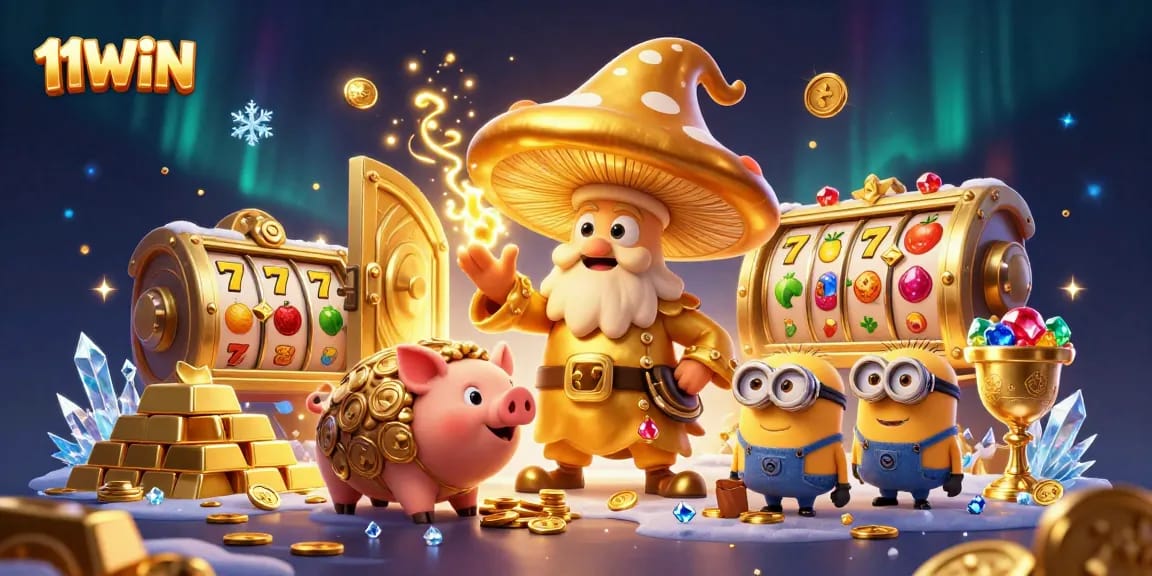 Spin to win with 11WIN, featuring a magical casino scene of golden treasures and animated characters.