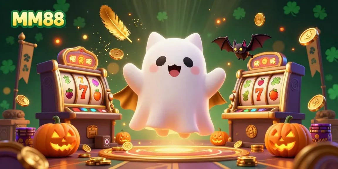 Engage in thrilling gameplay at MM88 with vibrant slots amidst a haunted casino atmosphere.
