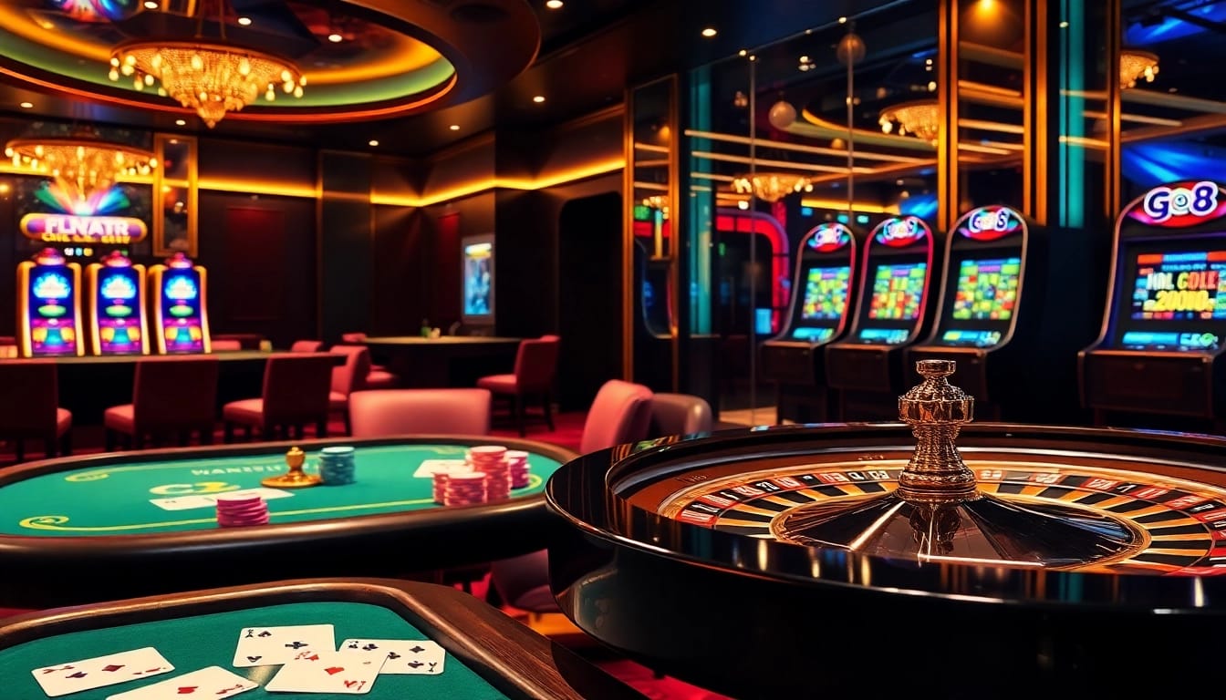 Experience the excitement of online gambling at go8 with vibrant casino tables and slot machines.