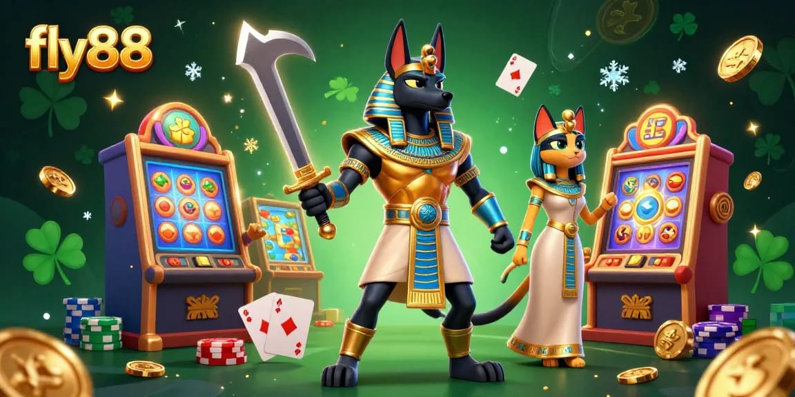 Experience thrilling gaming adventures at fly88 with 3D characters such as Anubis and Bastet in an animated casino setting.
