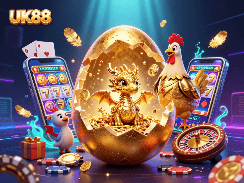 Experience UK88 excitement with a golden dragon emerging from poker chips amid dynamic gaming elements.
