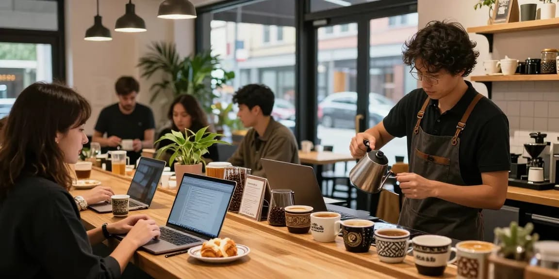 Inviting café atmosphere with rokok88 coffee being brewed, customers enjoying pastries and conversation.
