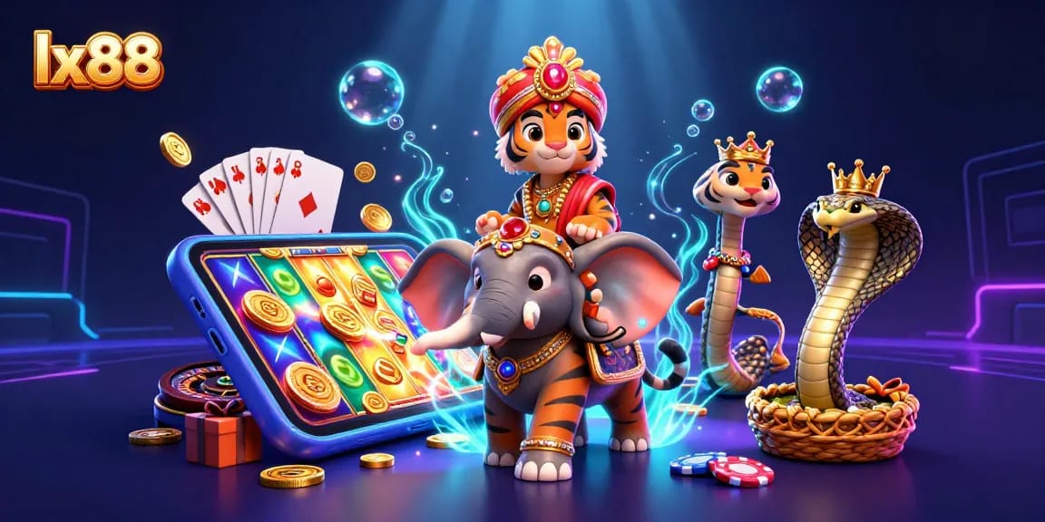 Experience a thrilling game at lx88 featuring an extravagant scene with a tiger, elephant, and golden casino elements.
