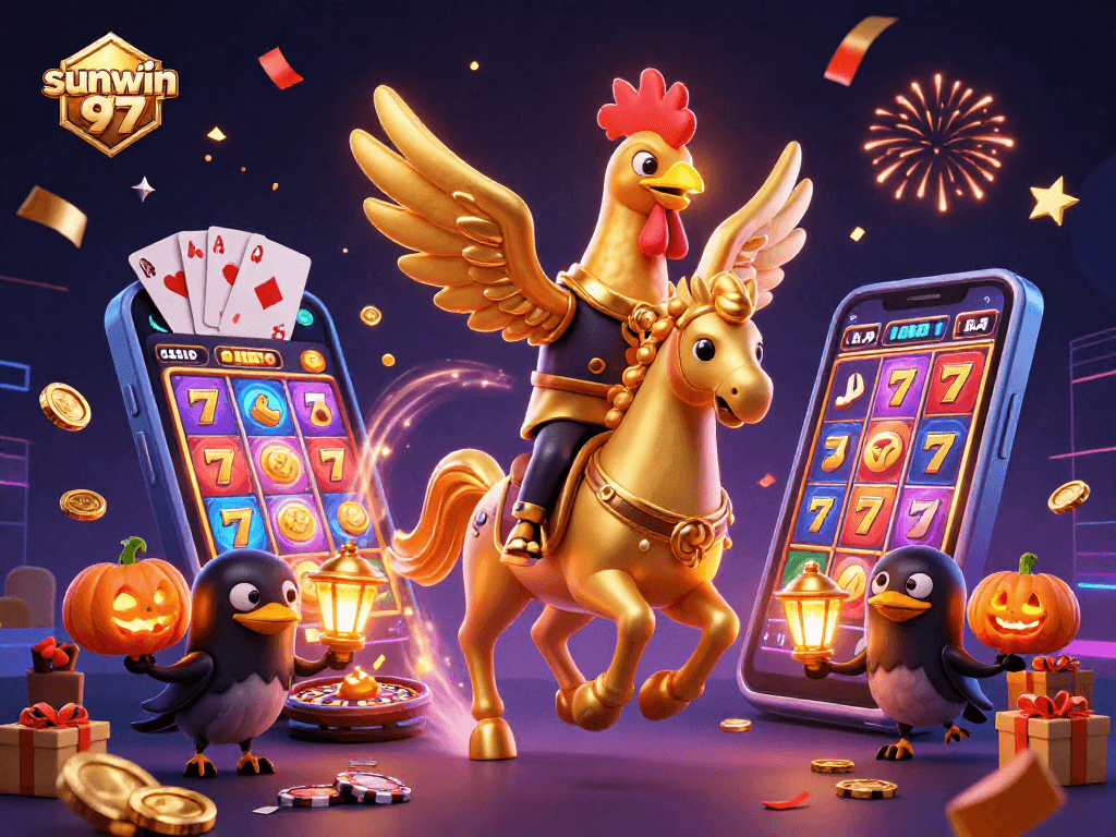 Engage with sunwin 97's vibrant casino action featuring golden rooster and playful crow companions.