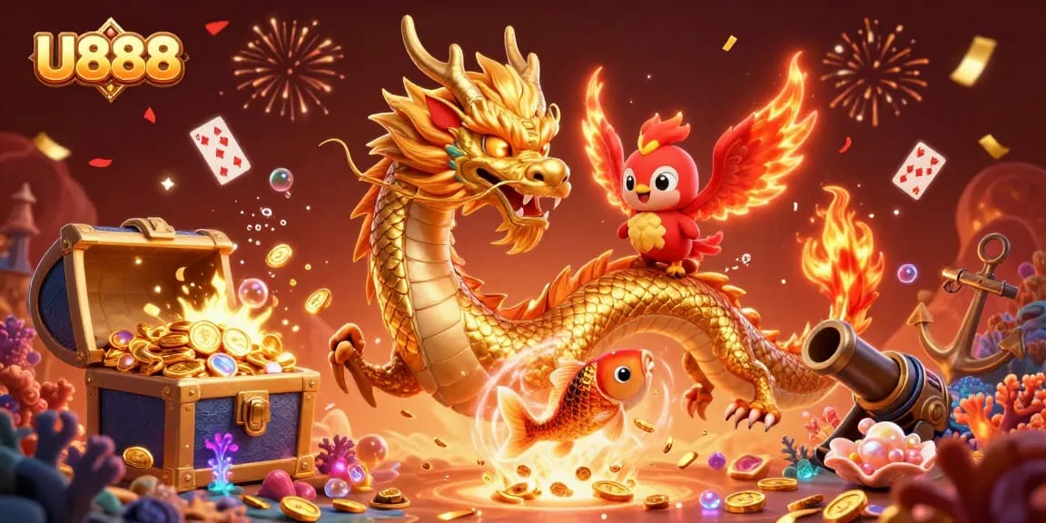 Experience the excitement of U888 with a fierce golden dragon, phoenix, and koi fish in a dazzling casino scene.