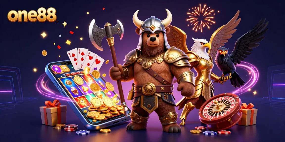 Experience thrilling wins at one88 with a vibrant scene of gaming excitement featuring a Viking bear and Valkyrie eagle amidst slot games.
