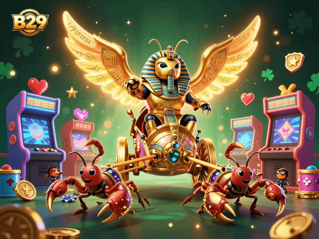 B29 players enjoying vibrant casino games with a majestic golden scarab beetle leading the adventure.