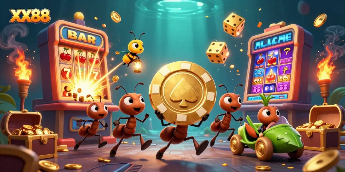 Join the adventure at XX88 with our cartoon ants heisting a giant poker chip, amidst casino excitement!