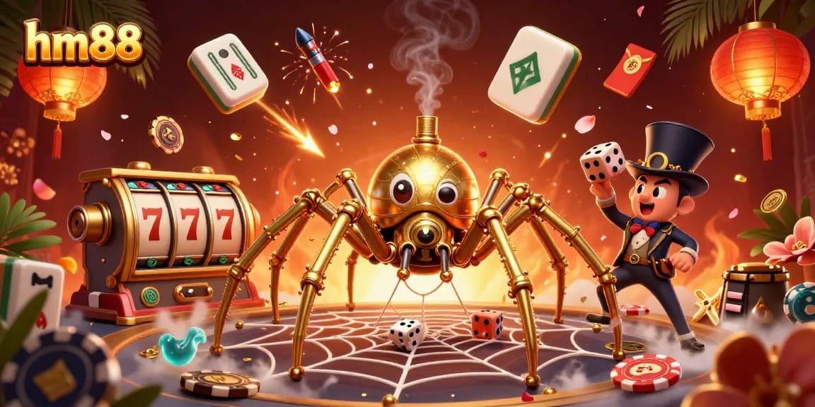 Experience big wins at hm88 with vibrant 3D illustrations of gambling action, featuring steampunk spiders and festive elements.