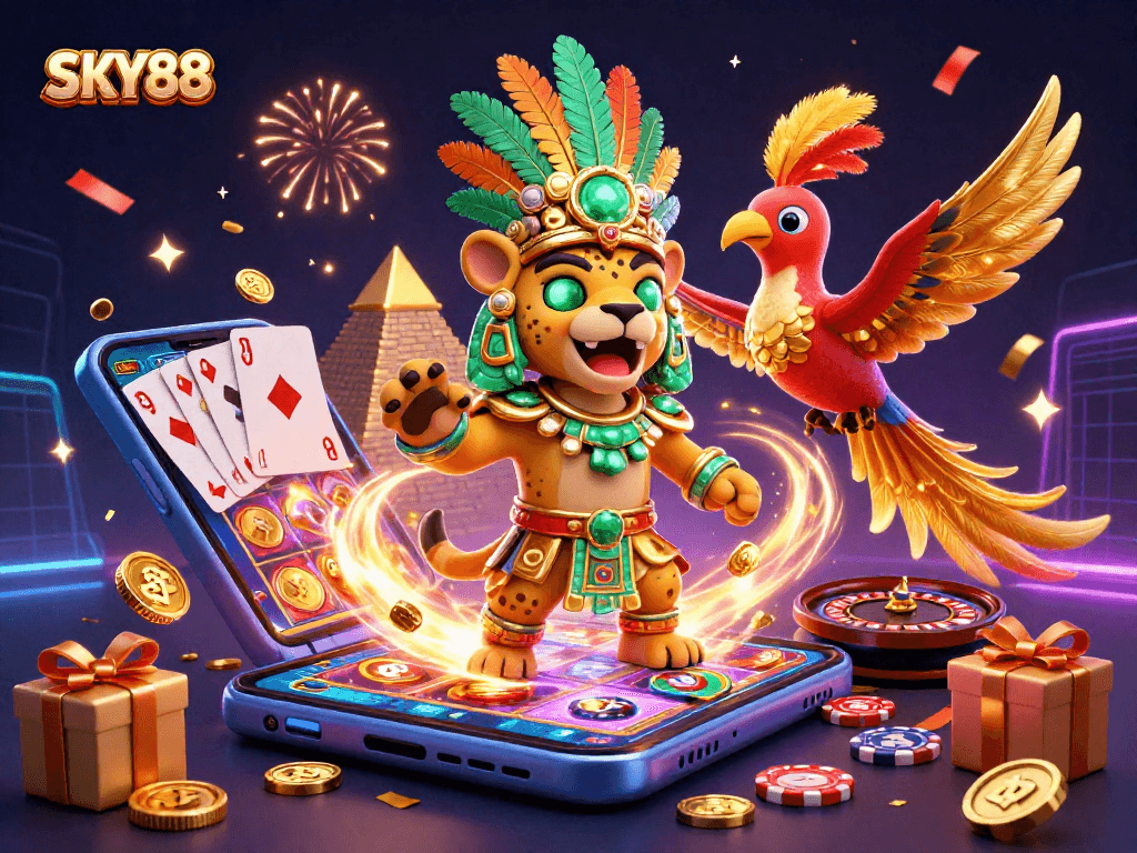 Players spin the colorful slots at SKY88, surrounded by festive treasures and dynamic casino elements.