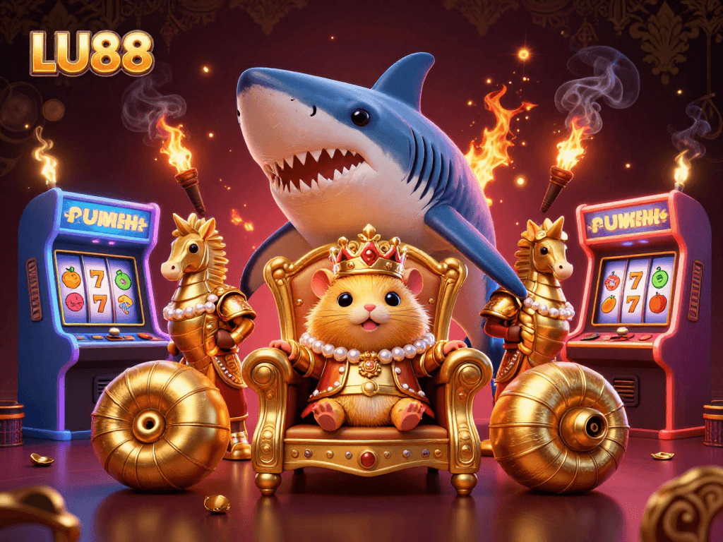 LU88 features a fierce golden hamster king on a megalodon throne among vibrant casino game elements.