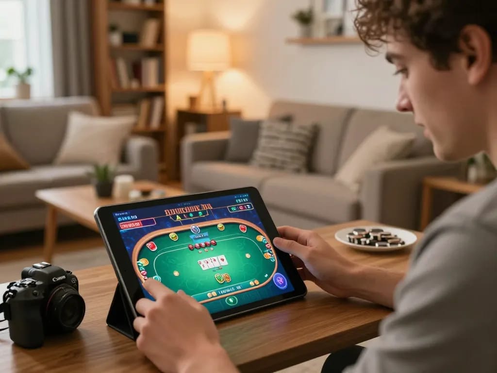 Engaged player using Jun88 app on tablet for strategic online poker game