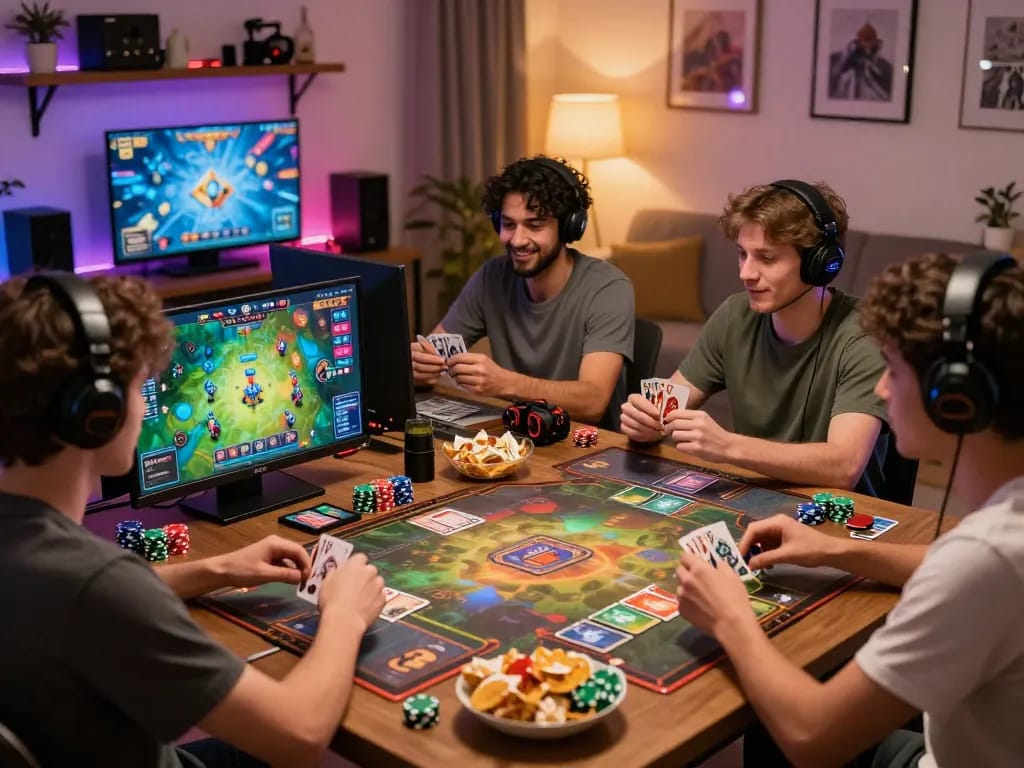 Enjoy the excitement of b52club gaming in a cozy living room setting filled with vibrant gaming graphics and accessories.