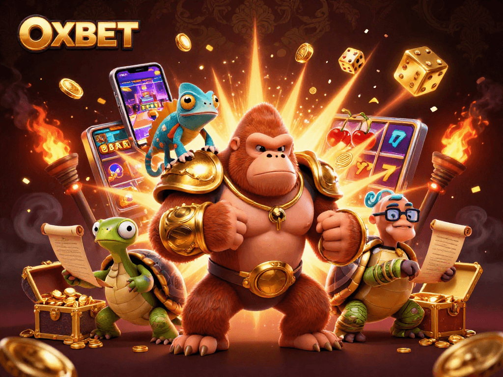 Experience the excitement of OXBET casino with vibrant characters and thrilling game elements.