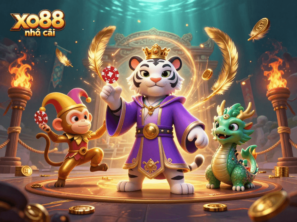 Win big at xo88 nhà cái with a vibrant casino scene featuring a royal tiger and playful monkey.