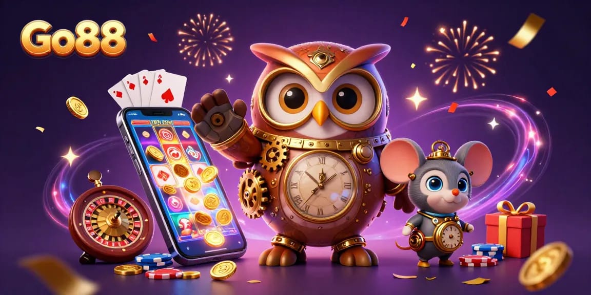Experience the excitement of Go88 with magical animations, colorful slot games, and celebratory casino elements.