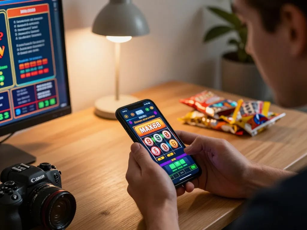 Engaging with the MAX88 casino app on smartphone while calculating odds at a cozy home setup.