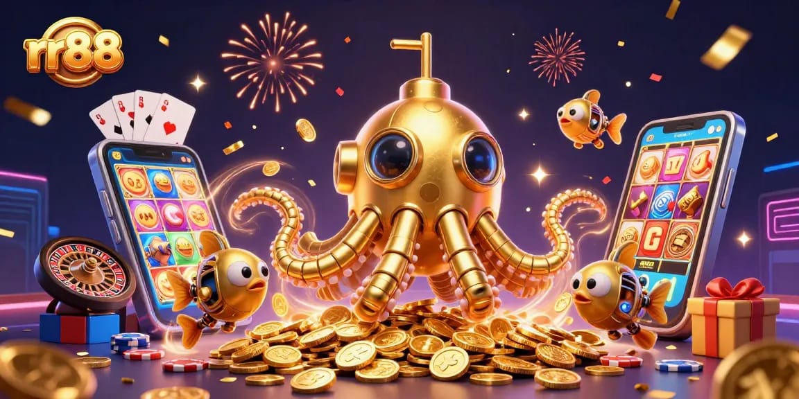 Win big at rr88 with a vibrant, golden kraken submarine surrounded by slot games and treasures.