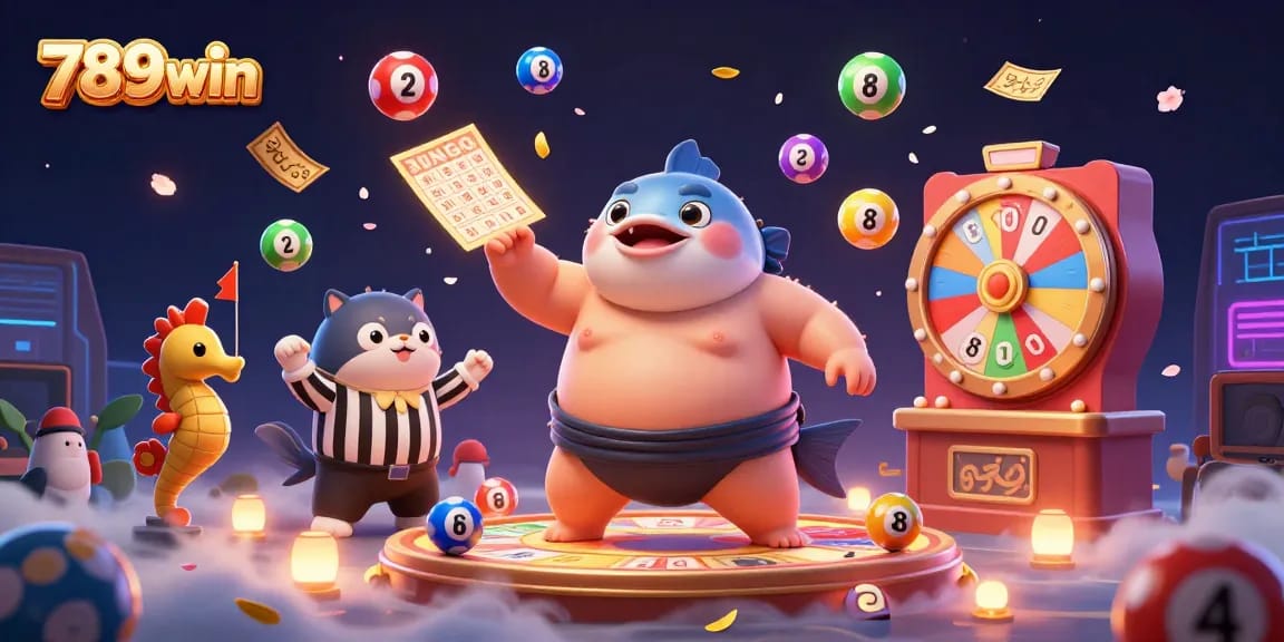 789win features a vibrant cartoon lottery scene with a fugu, catfish referee, and seahorses celebrating