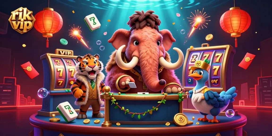 Experience the thrills of rik vip casino with an engaging illustration of a woolly mammoth bouncer and VIP guests.