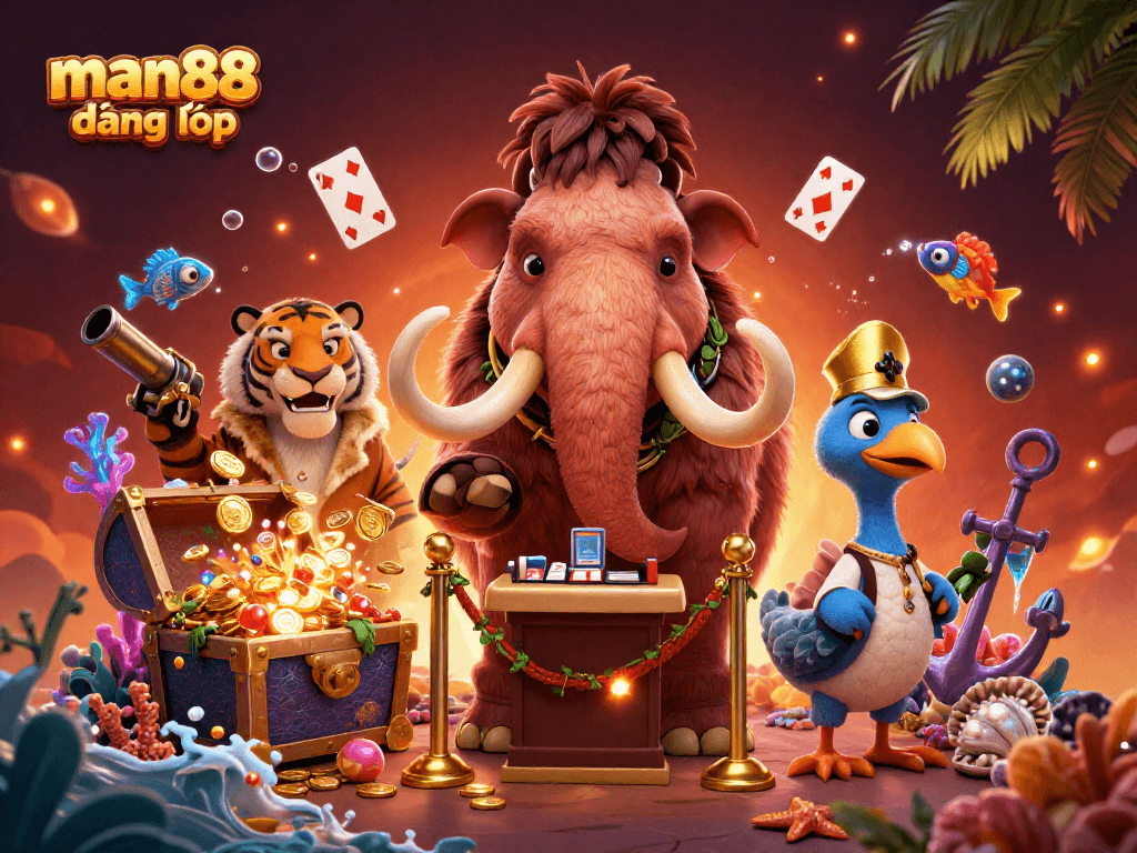 Engage with the vibrant world of man88 đăng nhập, featuring a cartoon mammoth bouncer and glamorous casino elements.