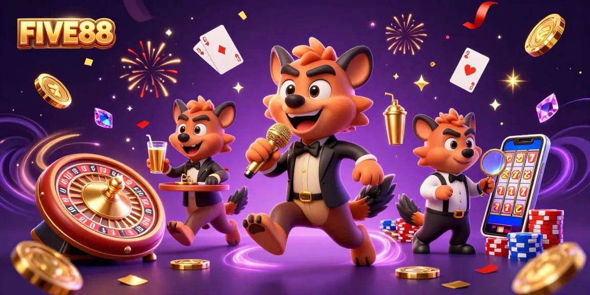 FIVE88 comedy casino with hyenas mixing drinks and telling jokes, vibrant casino elements abound.