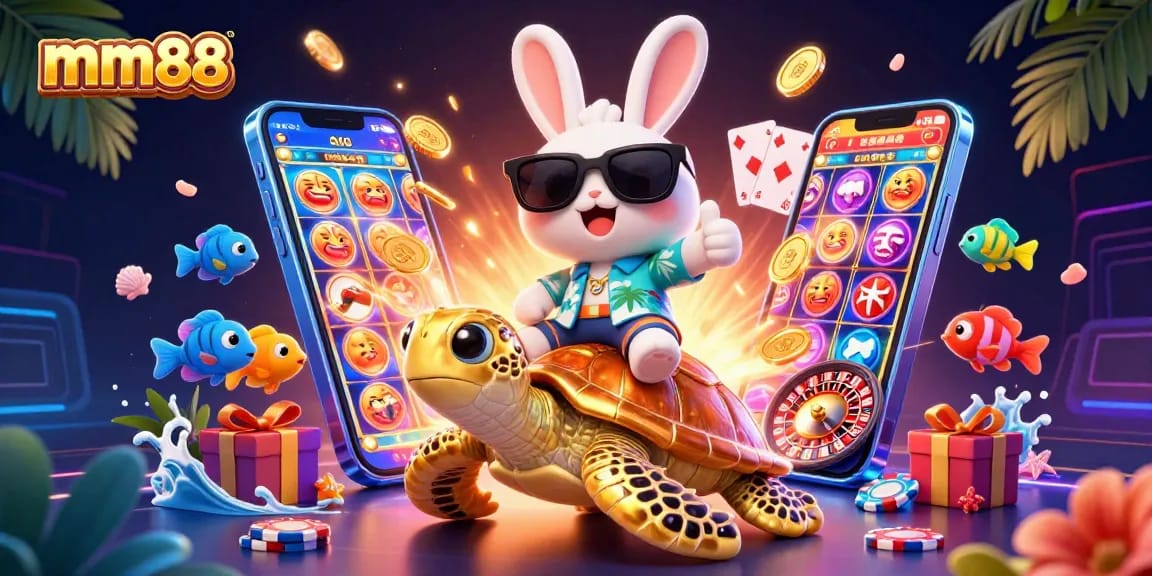 Play thrilling casino games at mm88 with a lucky rabbit and a golden turtle in a vibrant illustration.